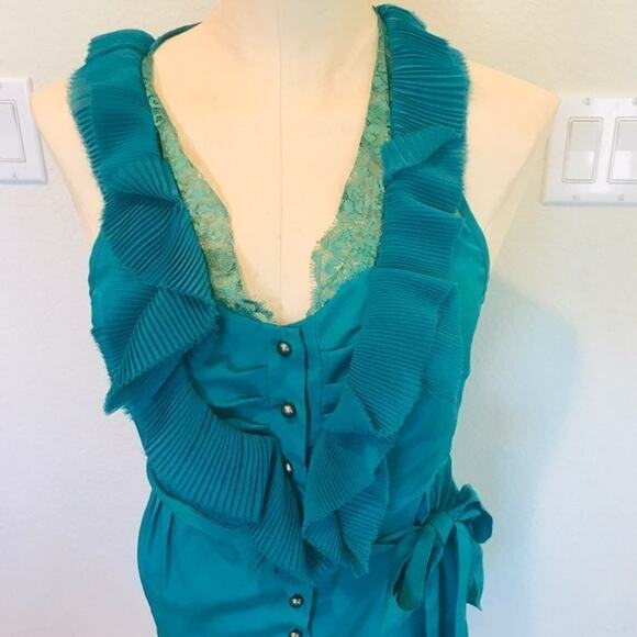 Layered Ruffle Teal Button up wrap sleeveless lightweight Blouse womens small - Picture 2 of 6